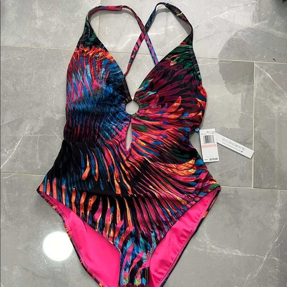 NWT Bleu Rod Beattie Blue and Pink One-Piece Swimsuit X Back